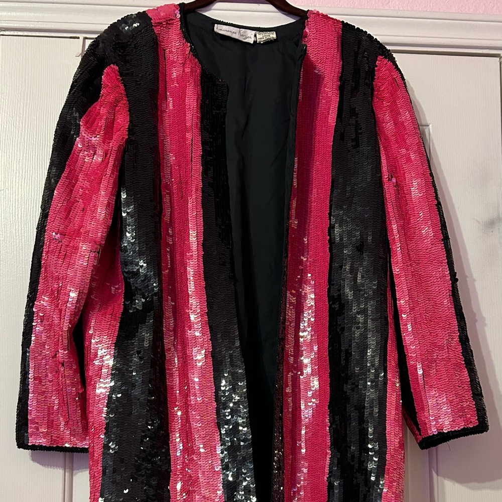 Never worn Lawrence Kazar 100% silk coat black and hot pink sequins Fits 10-14